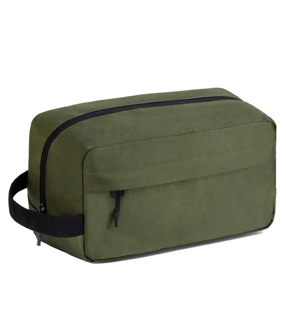 Vorspack front view army green toiletry bag shows organized exterior benefit