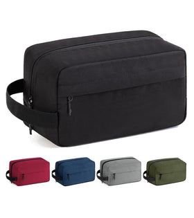 Vorspack front view of black toiletry bag showing compact design and easy carry