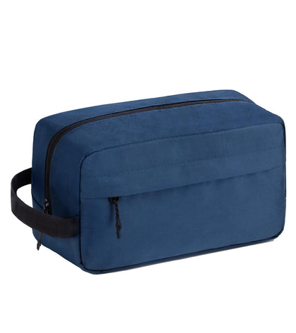 Vorspack front view of navy toiletry bag showing organized exterior pockets and neat look