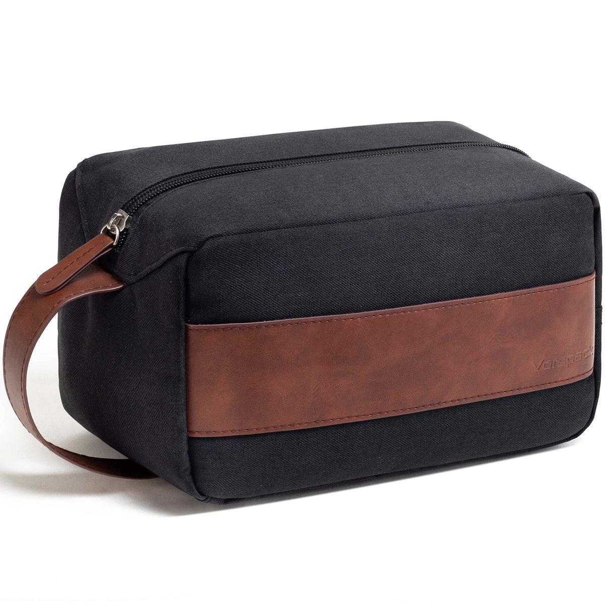 Vorspack front view of toiletry bag showing sleek black design and compact profile for travel