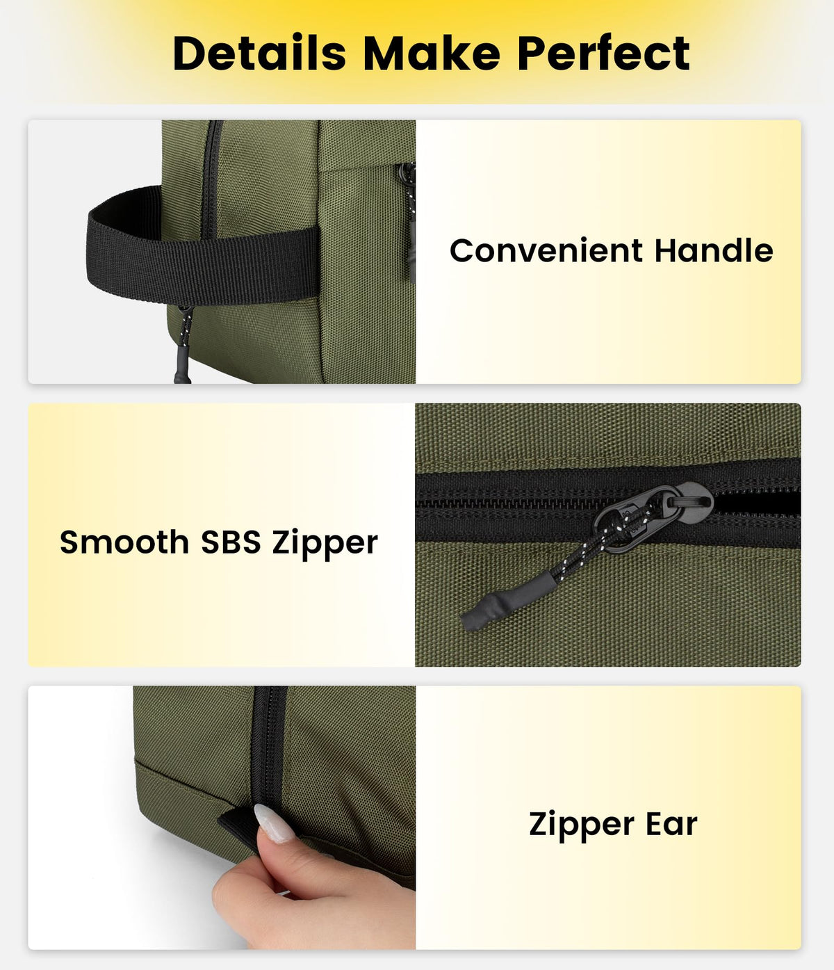 Vorspack handle and zipper detail highlighting sturdy carry and smooth access benefit