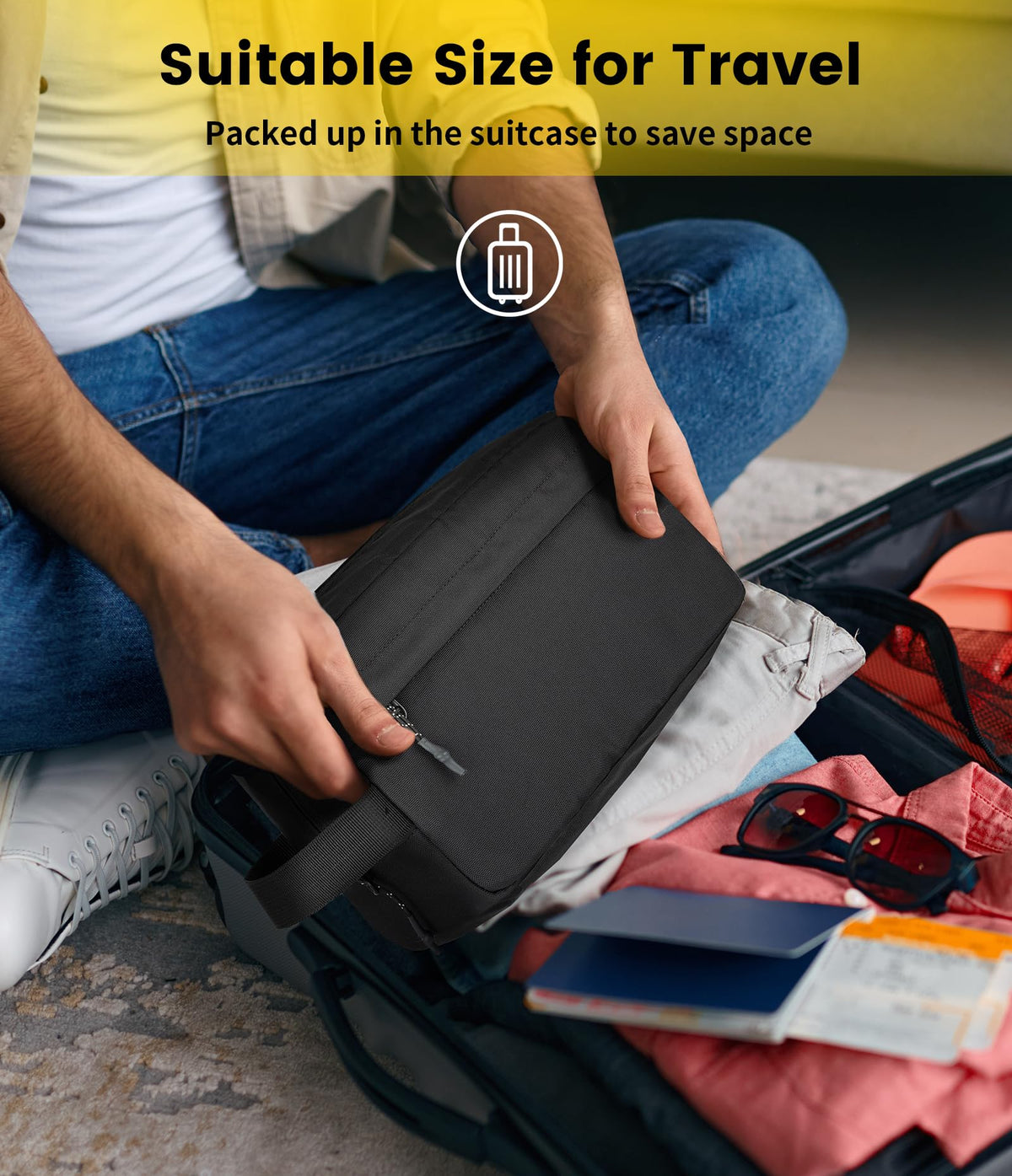 Vorspack inside an open suitcase for organized travel packing