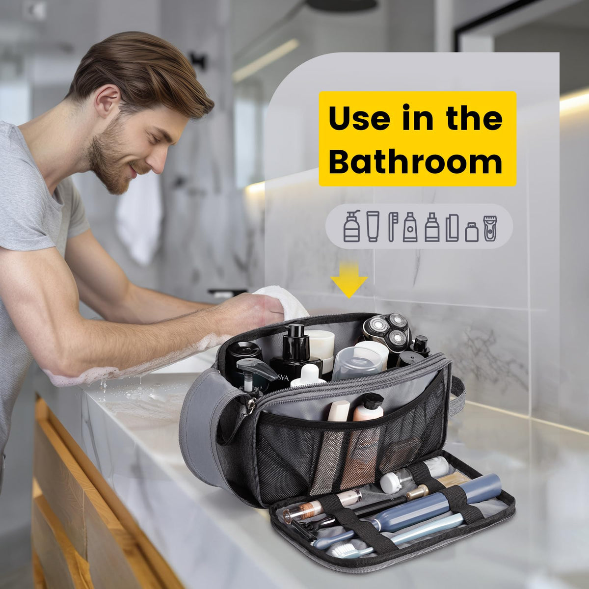 Vorspack beside toiletry items to show compact travel size and capacity