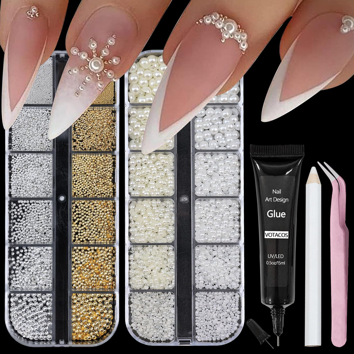 VOTACOS front packaging showing pearl boxes and tools for easy home manicures