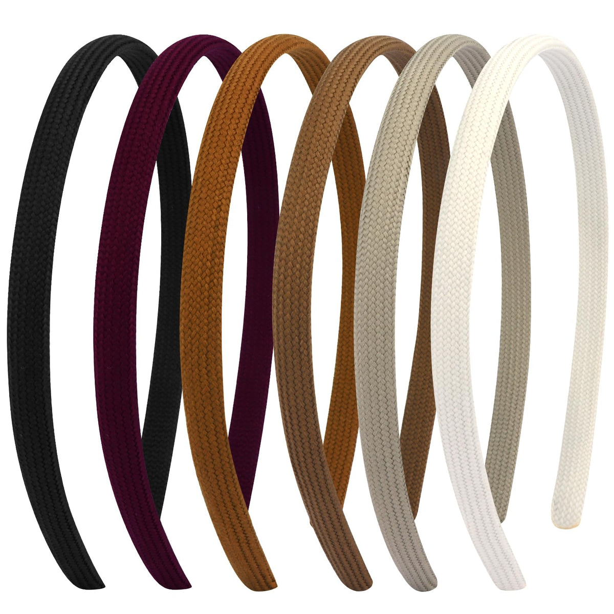 Vovii front view of six natural shade headbands, neat pack and practical set