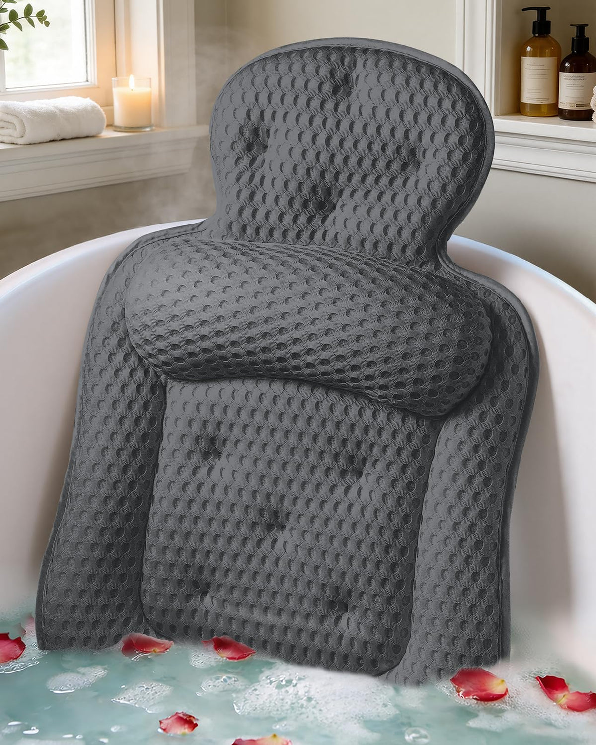 VOXOR front view of dark gray bath pillow showing plush support and comfort