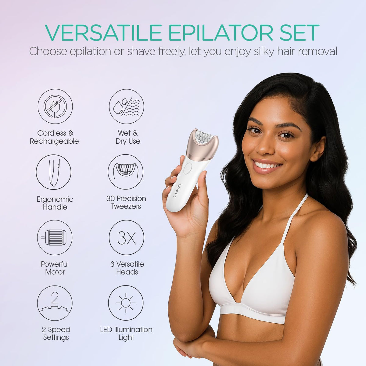VOYOR close-up of 30 micro tweezers delivering precise epilation for longer smoothness