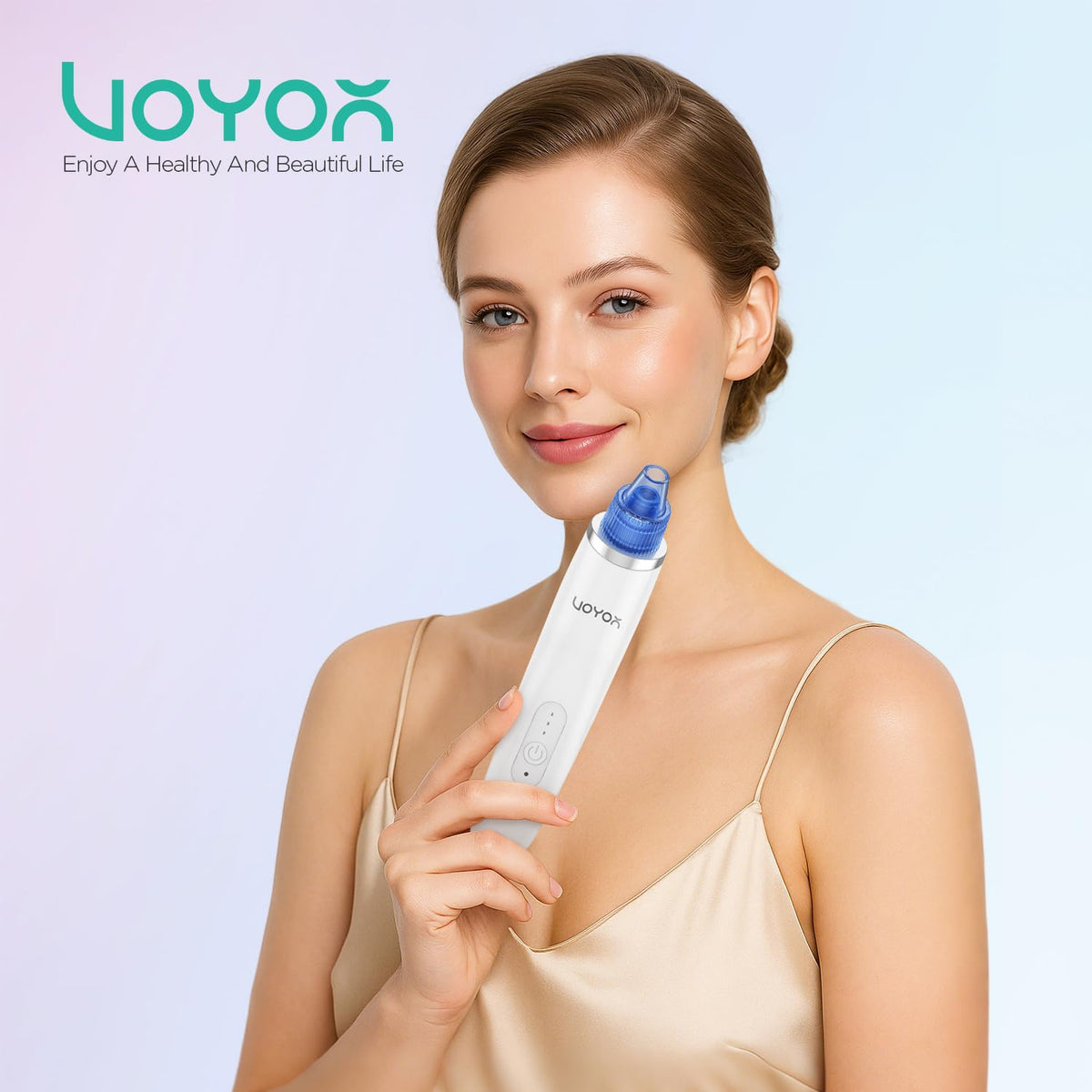 VOYOR BR410 on bathroom vanity next to towel showing easy at-home skincare routine