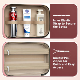 Voyree elastic straps holding brushes and bottles securely to prevent spills