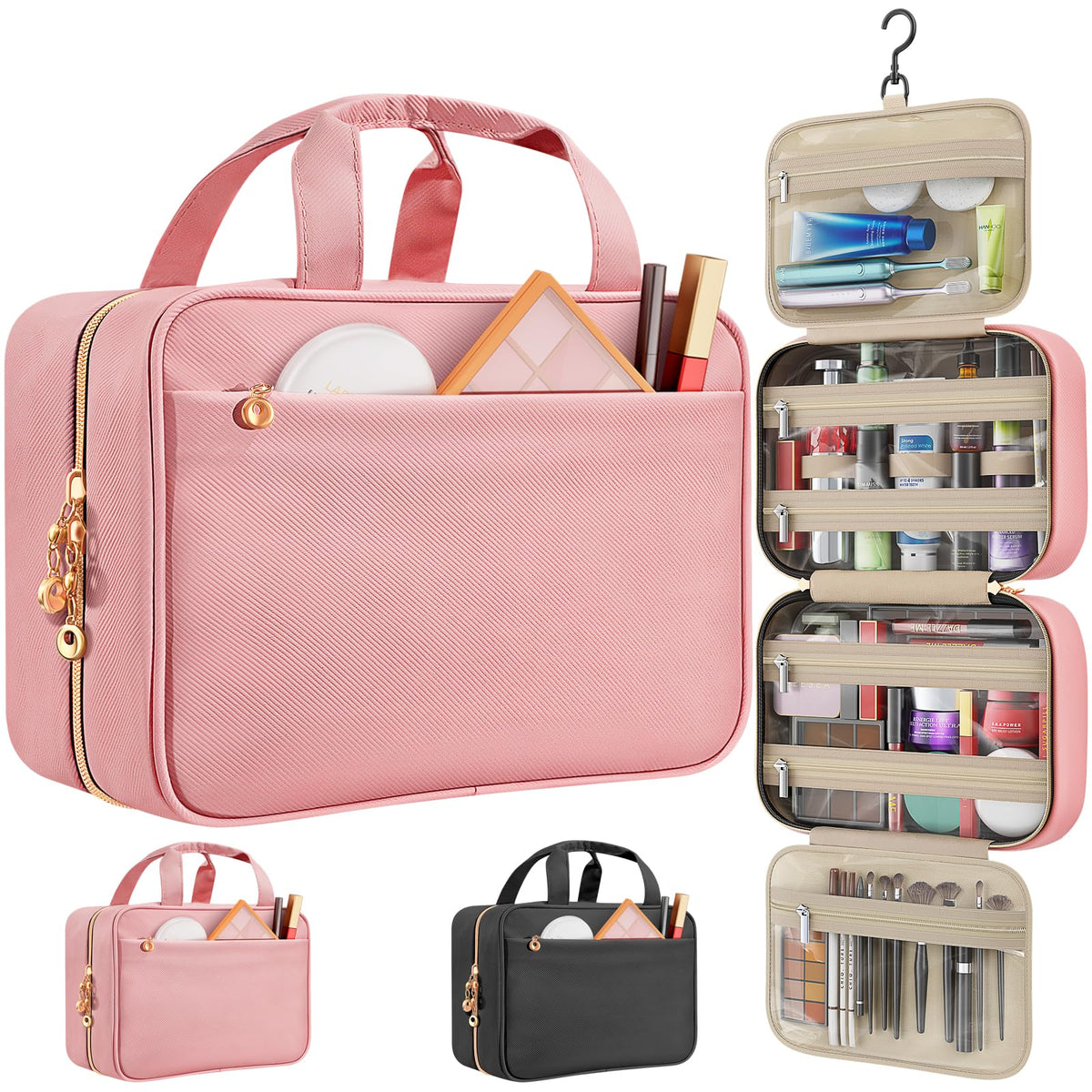 Voyree front view of medium pink toiletry bag showing compact roll and zippers for easy packing