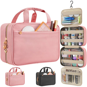 Voyree front view of medium pink toiletry bag showing compact roll and zippers for easy packing