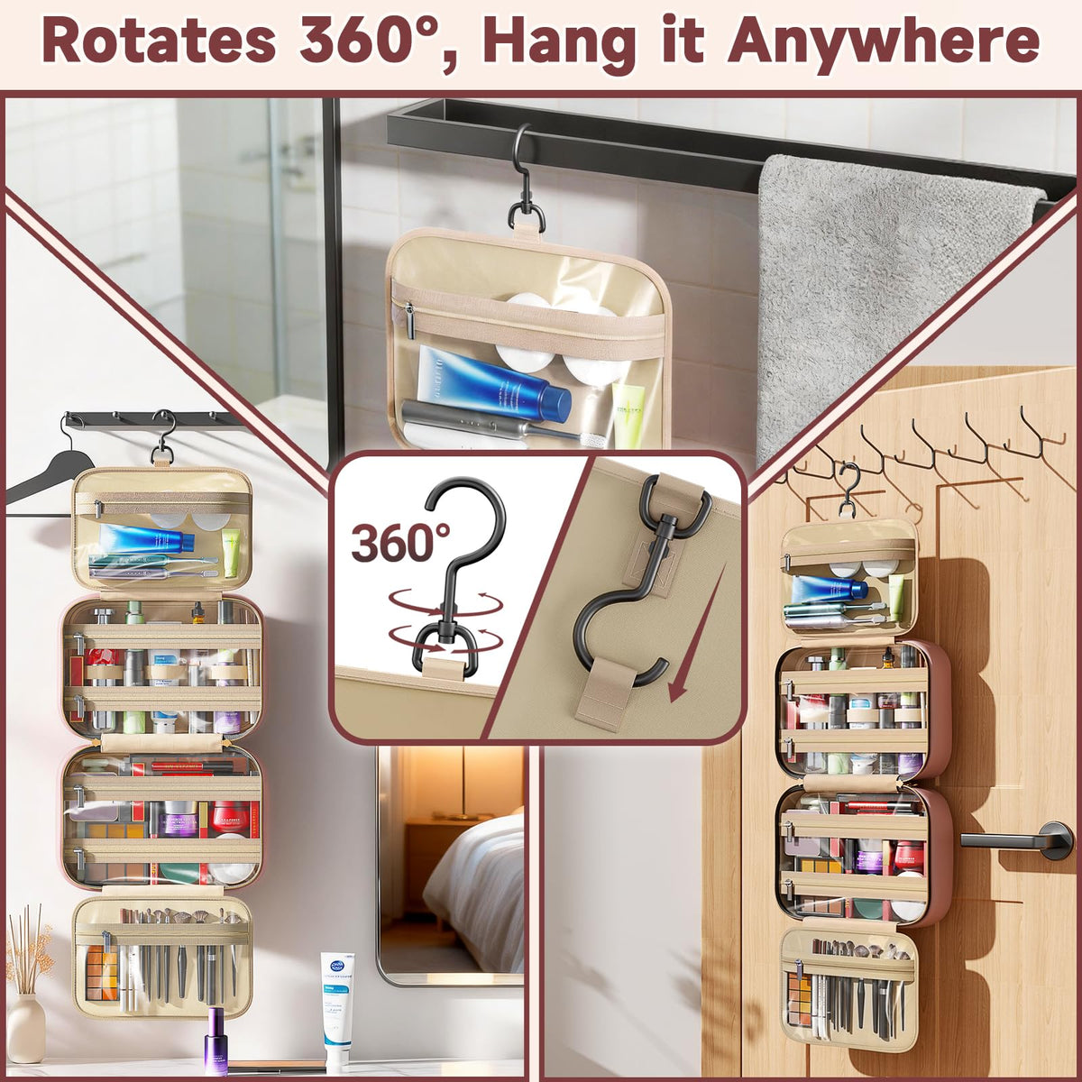 Voyree folded recessed compartment with 360-degree rotatable hook for space-saving travel