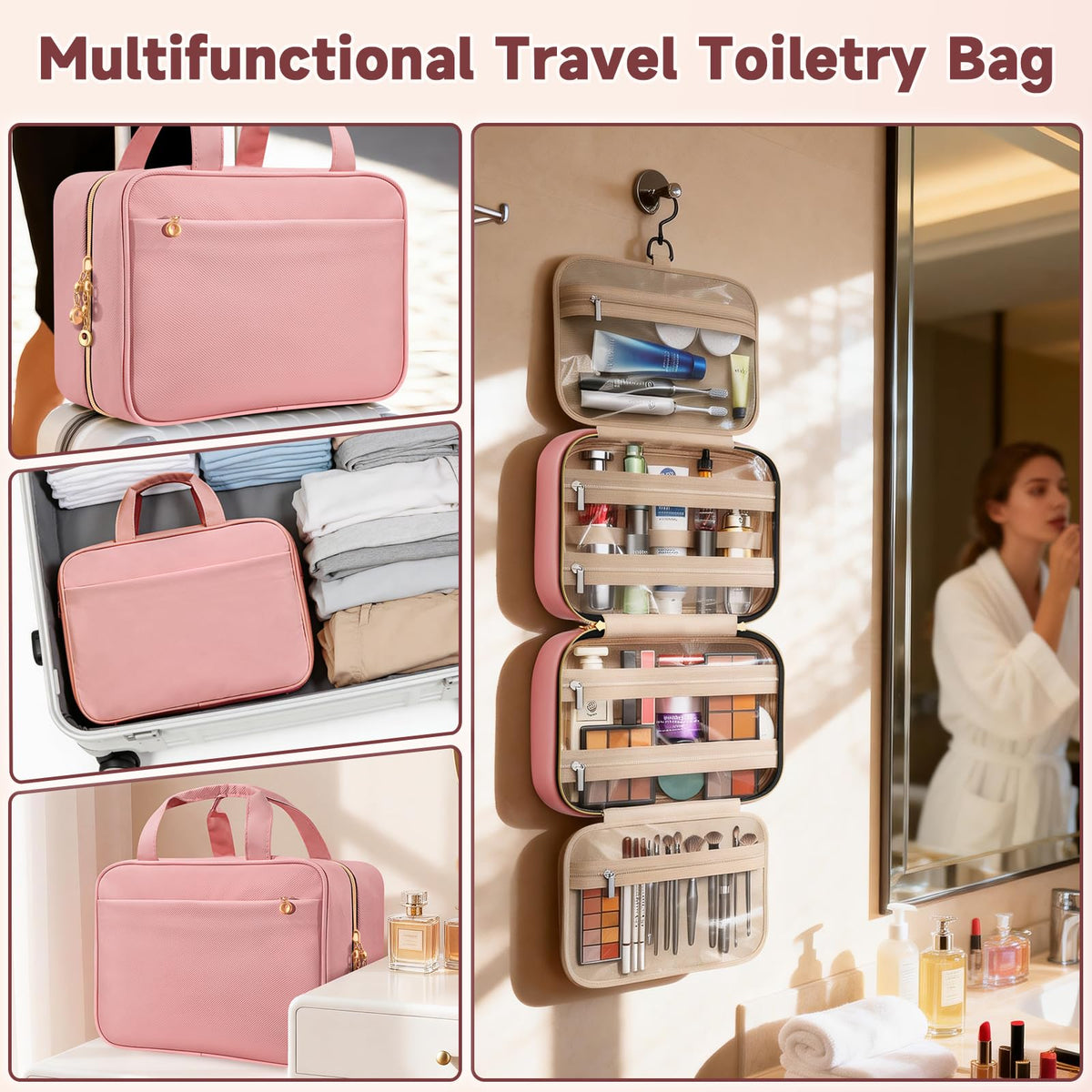 Voyree hanging in a hotel bathroom for quick access and hygienic storage while traveling