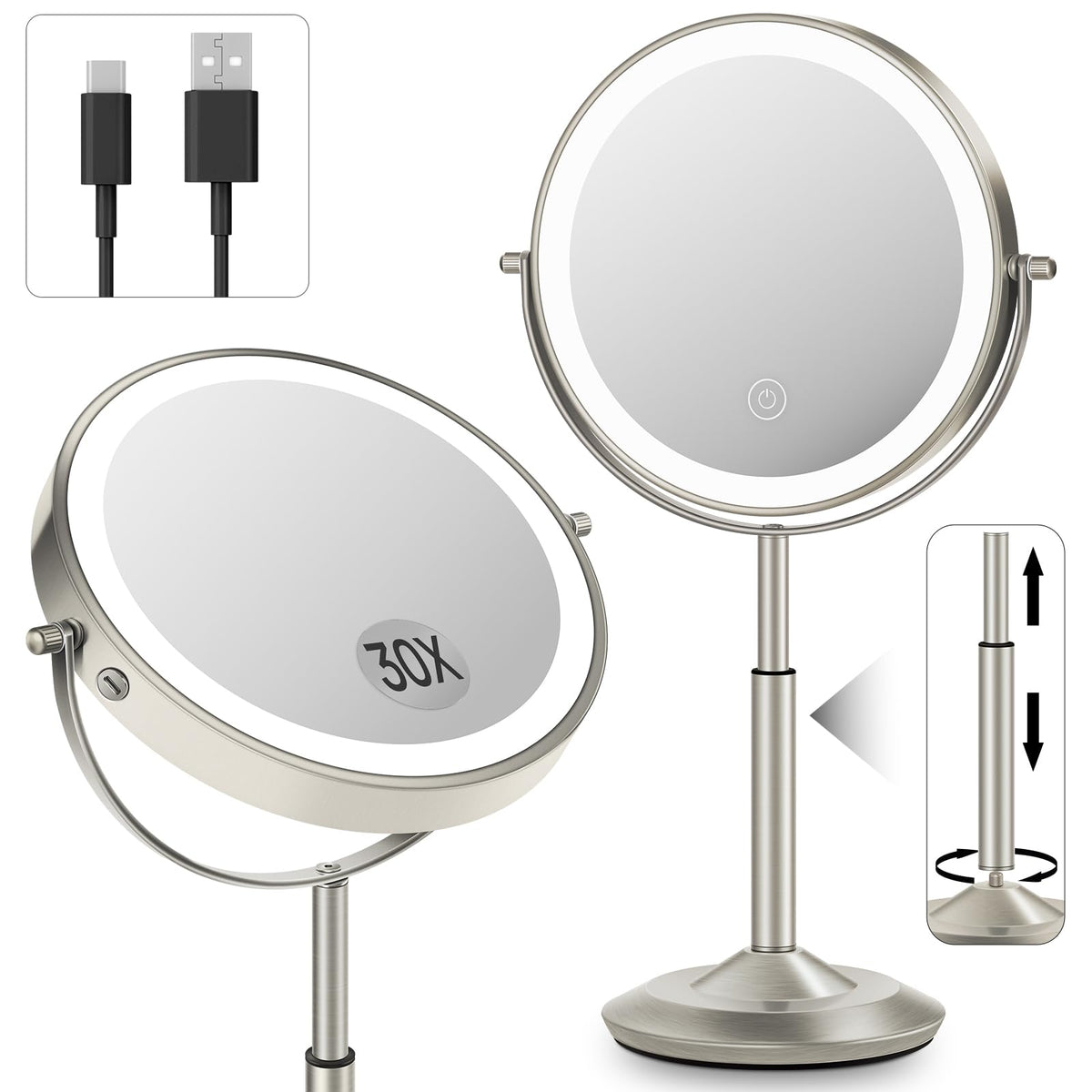 vpu front-facing vanity mirror showing lights and sleek frame, perfect for accurate makeup