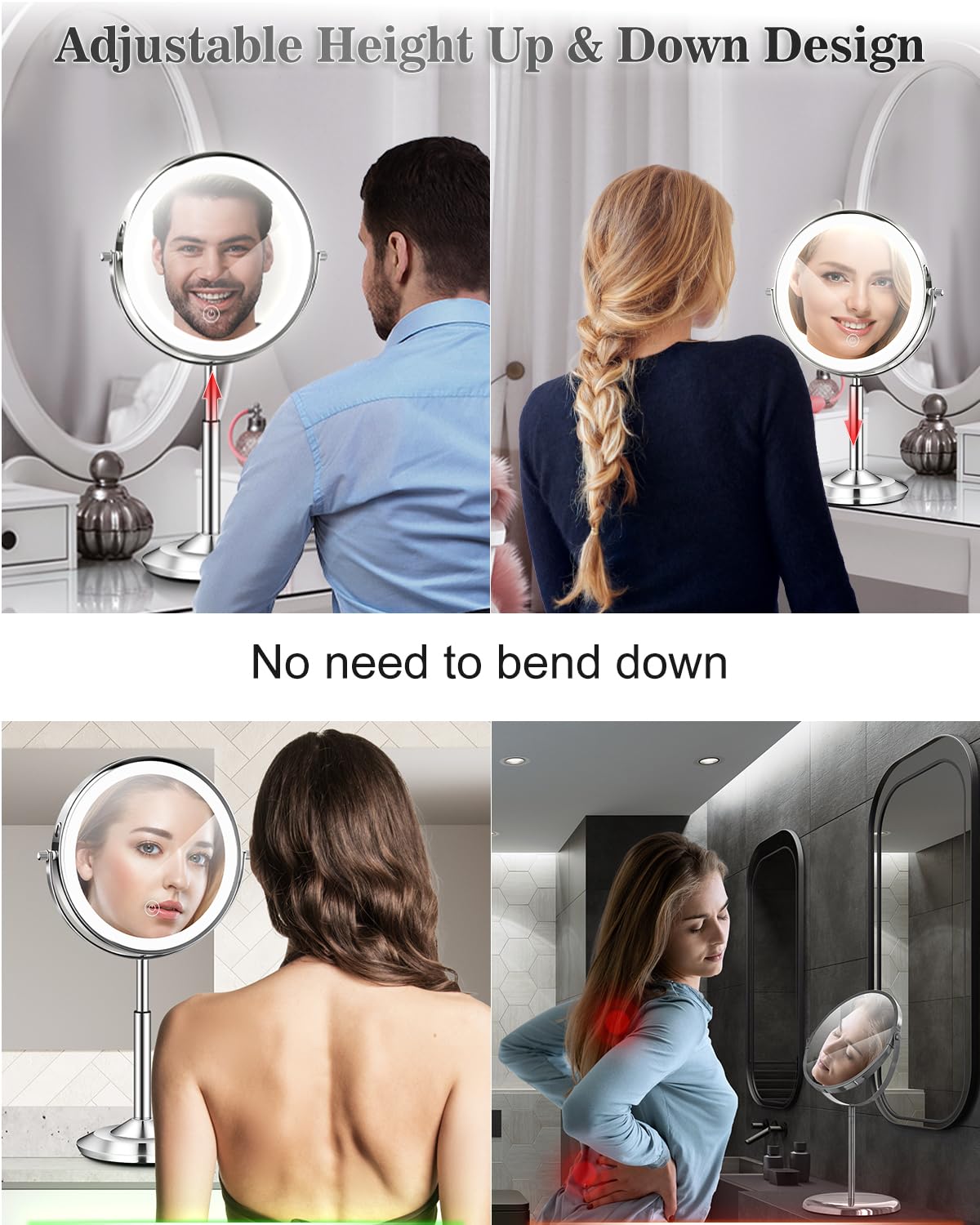 vpu height adjusted mirror on vanity demonstrating telescoping strut convenience