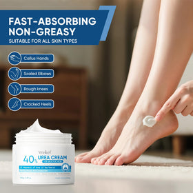 VREKEF cream applied to heels demonstrating callus softening and hydration