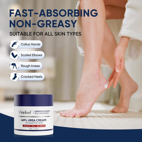 VREKEF ingredient focus on urea and salicylic acid labels showing exfoliation benefit