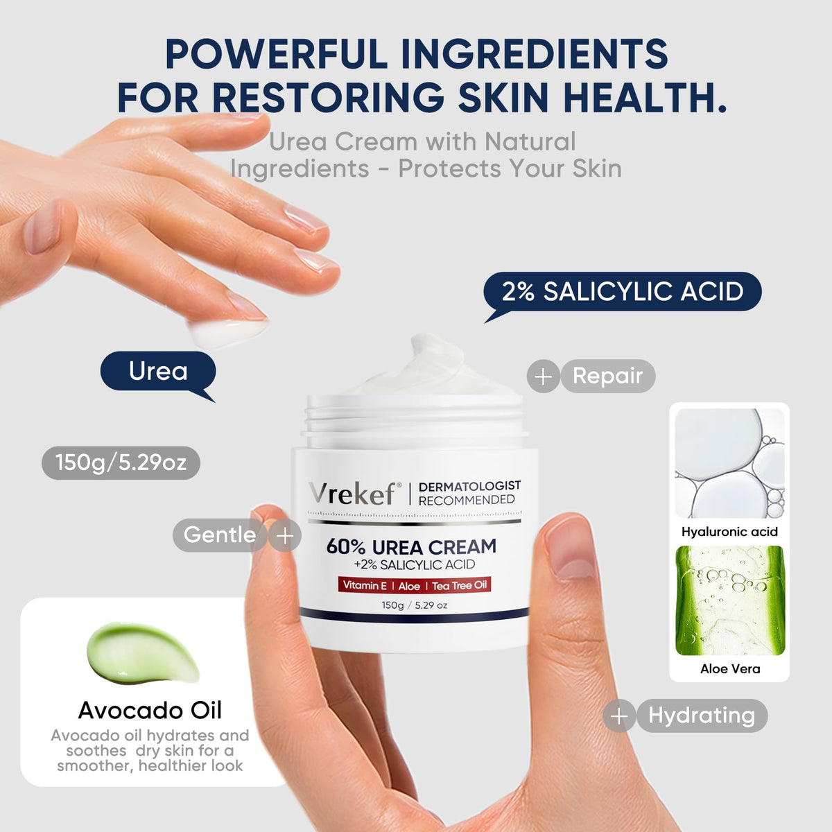 VREKEF ingredient label close-up highlighting urea and salicylic acid