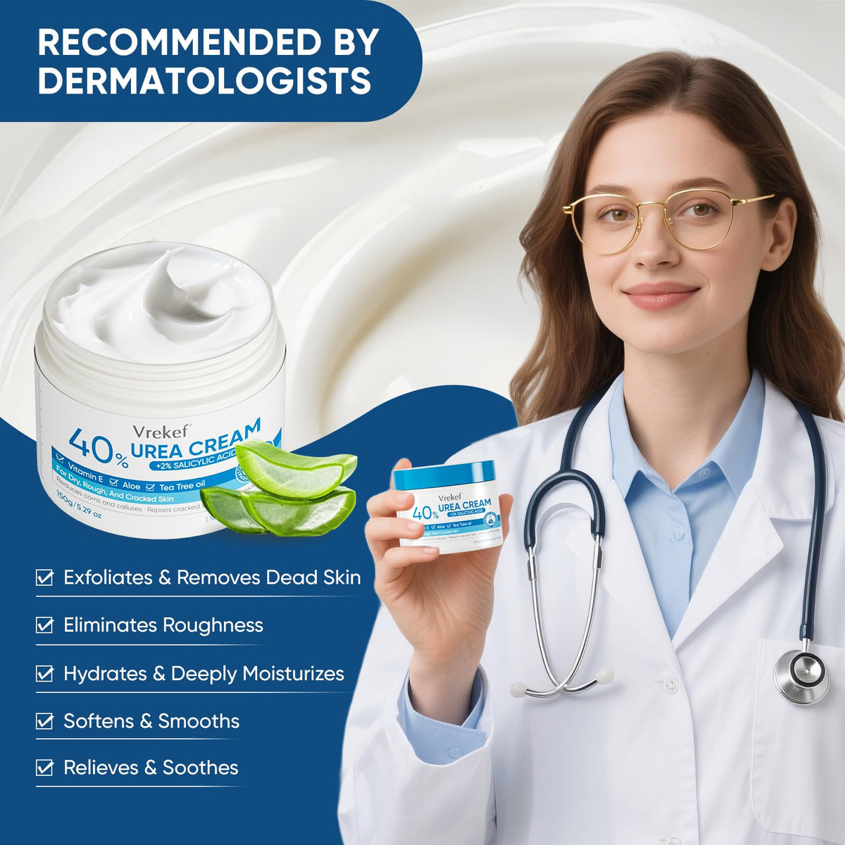 VREKEF label close-up listing urea and salicylic acid ingredients for effectiveness