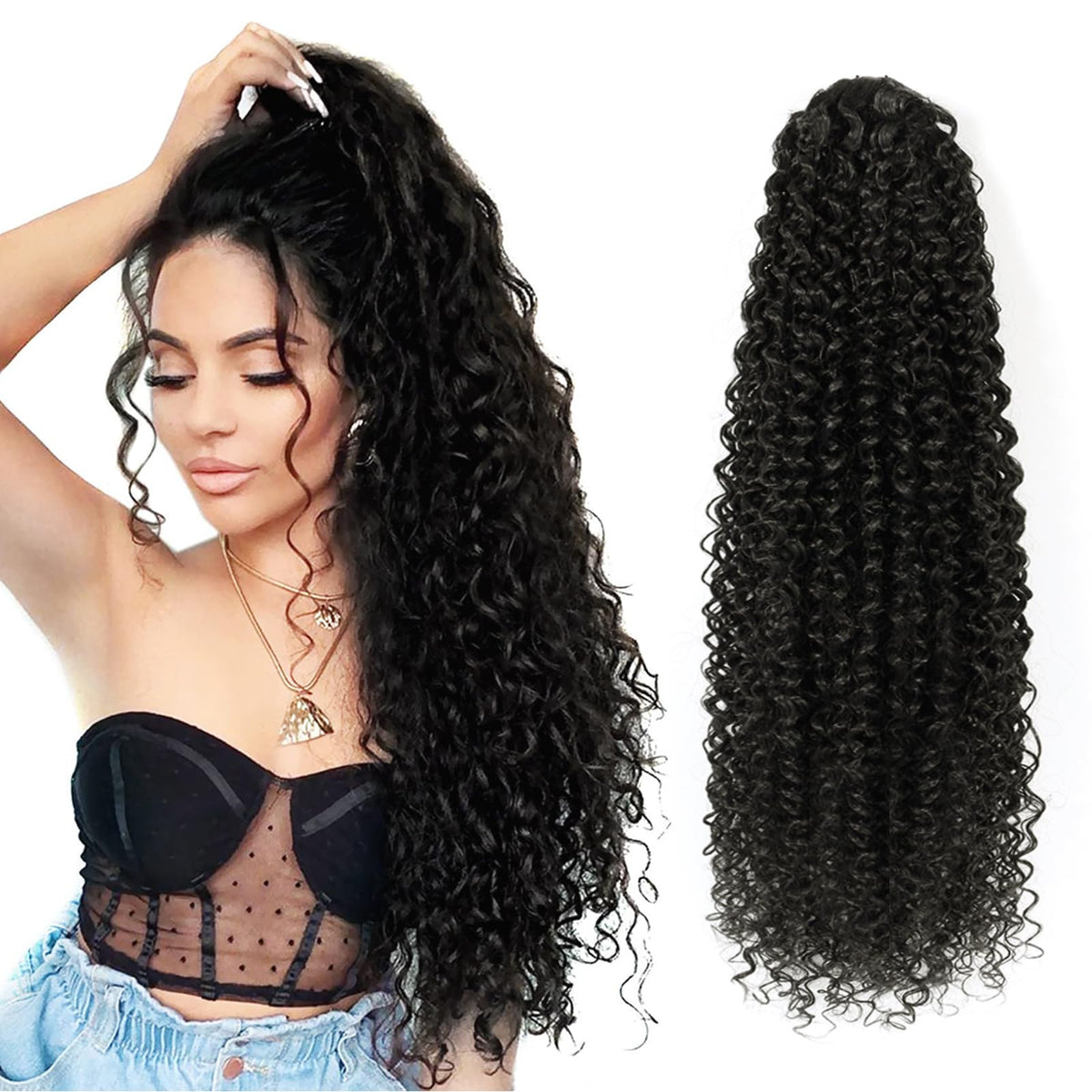vroosar front packaging showing 28-inch curly ponytail and benefits
