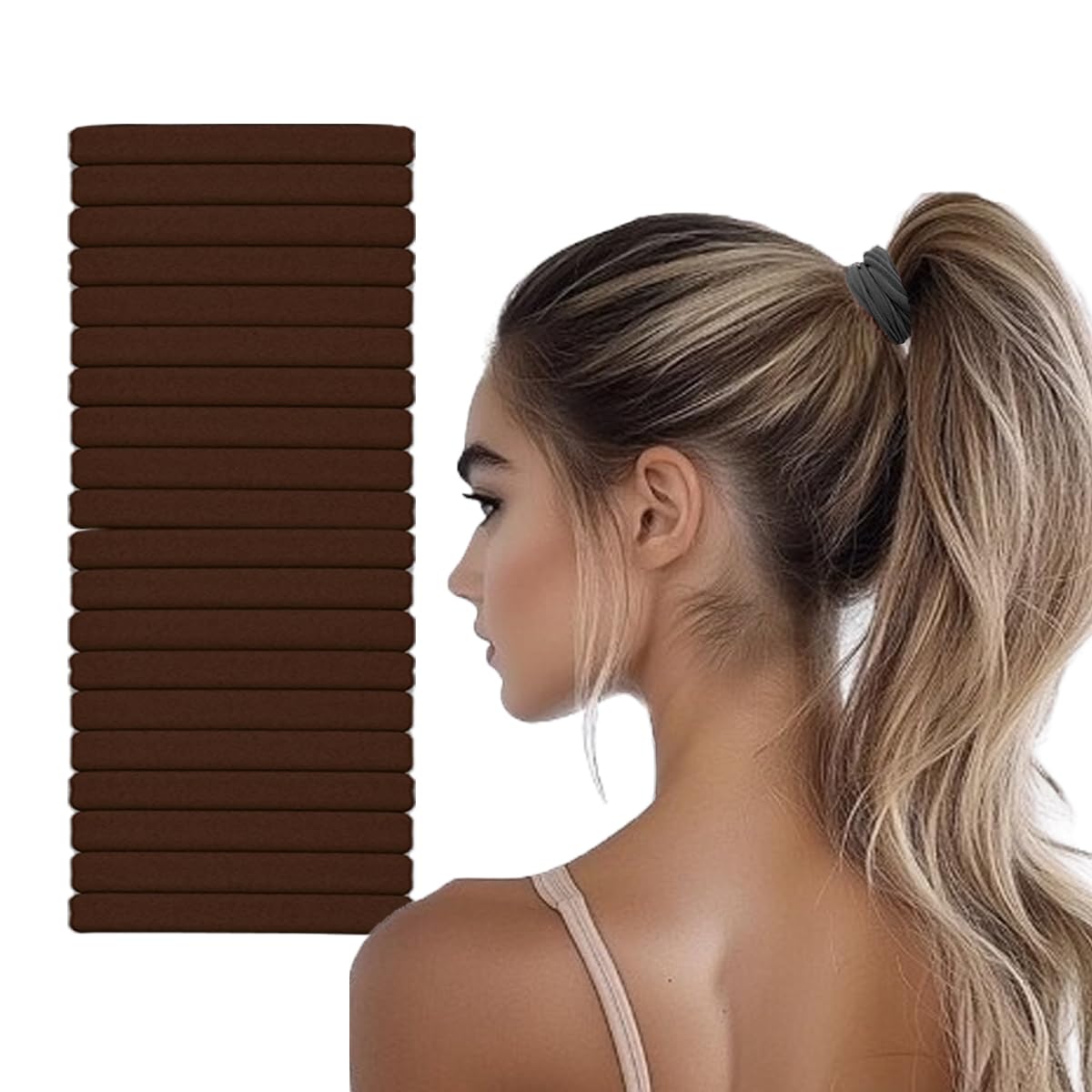 Vrose Flosi front packaging showing 20 brown seamless hair ties and benefits