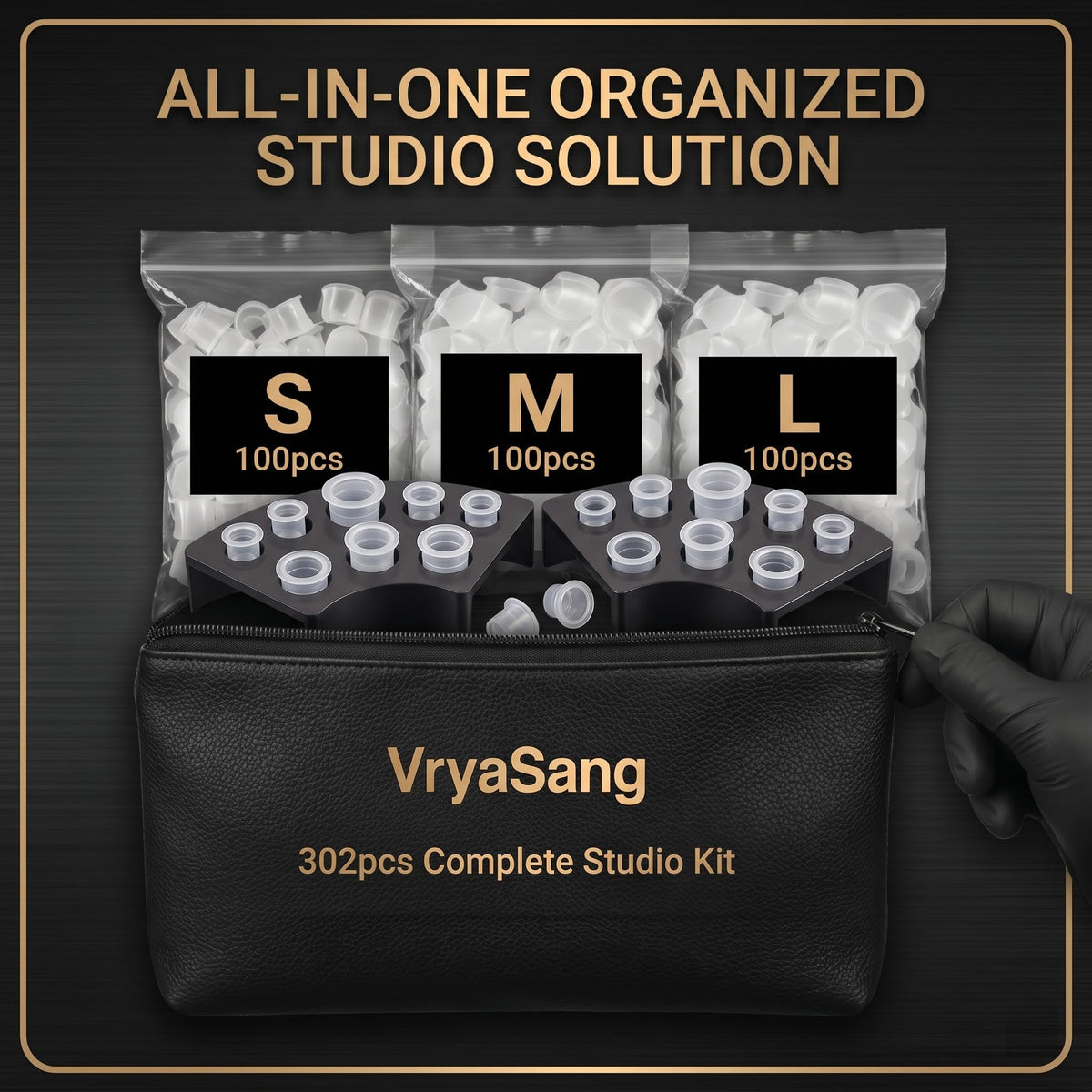 VryaSang holder with cups in use near machine showing tidy workflow advantage