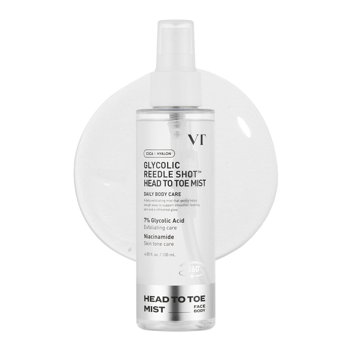 VT COSMETICS front packaging of Reedle Shot mist showing size and branding, convenient travel-ready