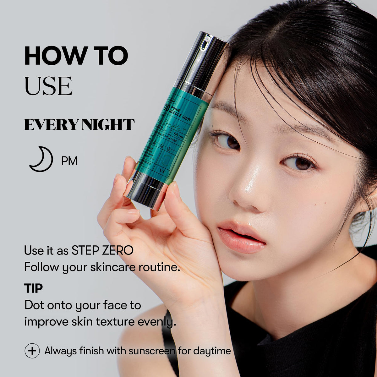 VT COSMETICS Reedle Shot beside a ruler demonstrating 50ml size and travel-friendly benefit