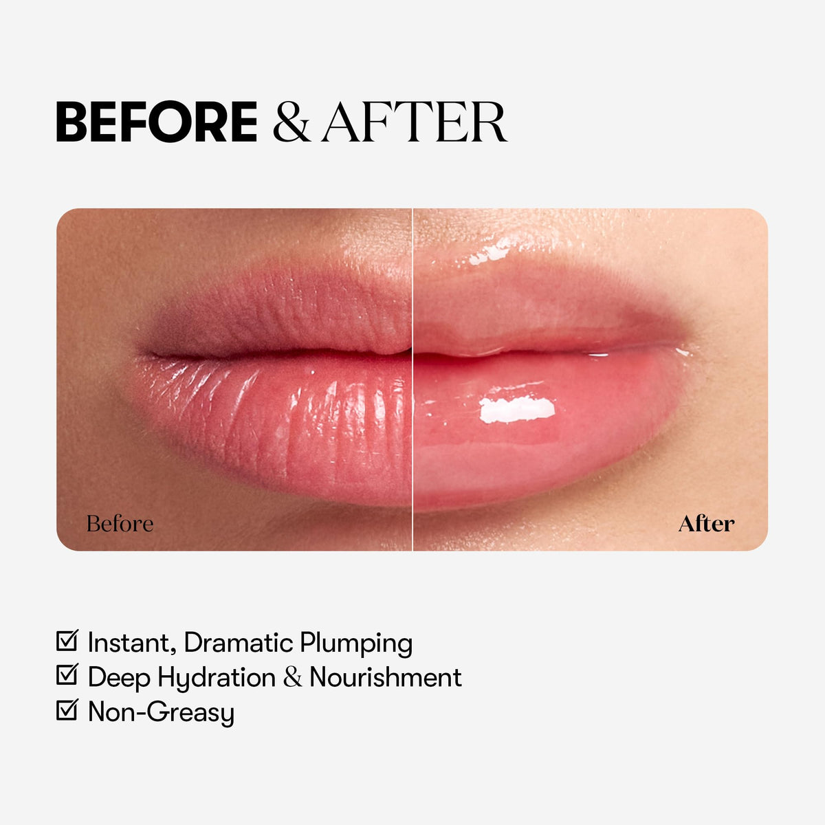 VT COSMETICS before-and-after lips displaying fuller look and enhanced shine