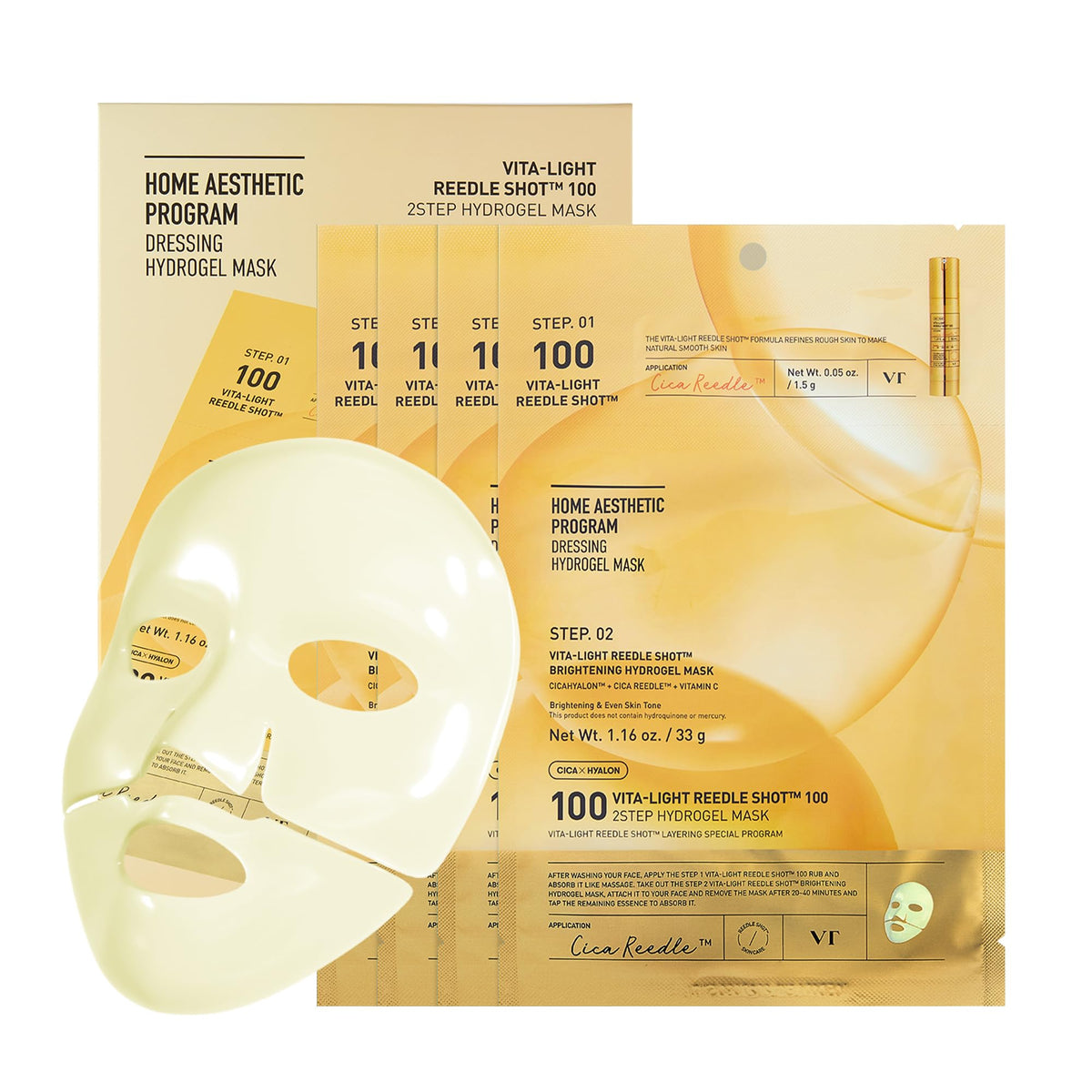 VT COSMETICS front packaging showing four hydrogel mask sachets and benefits