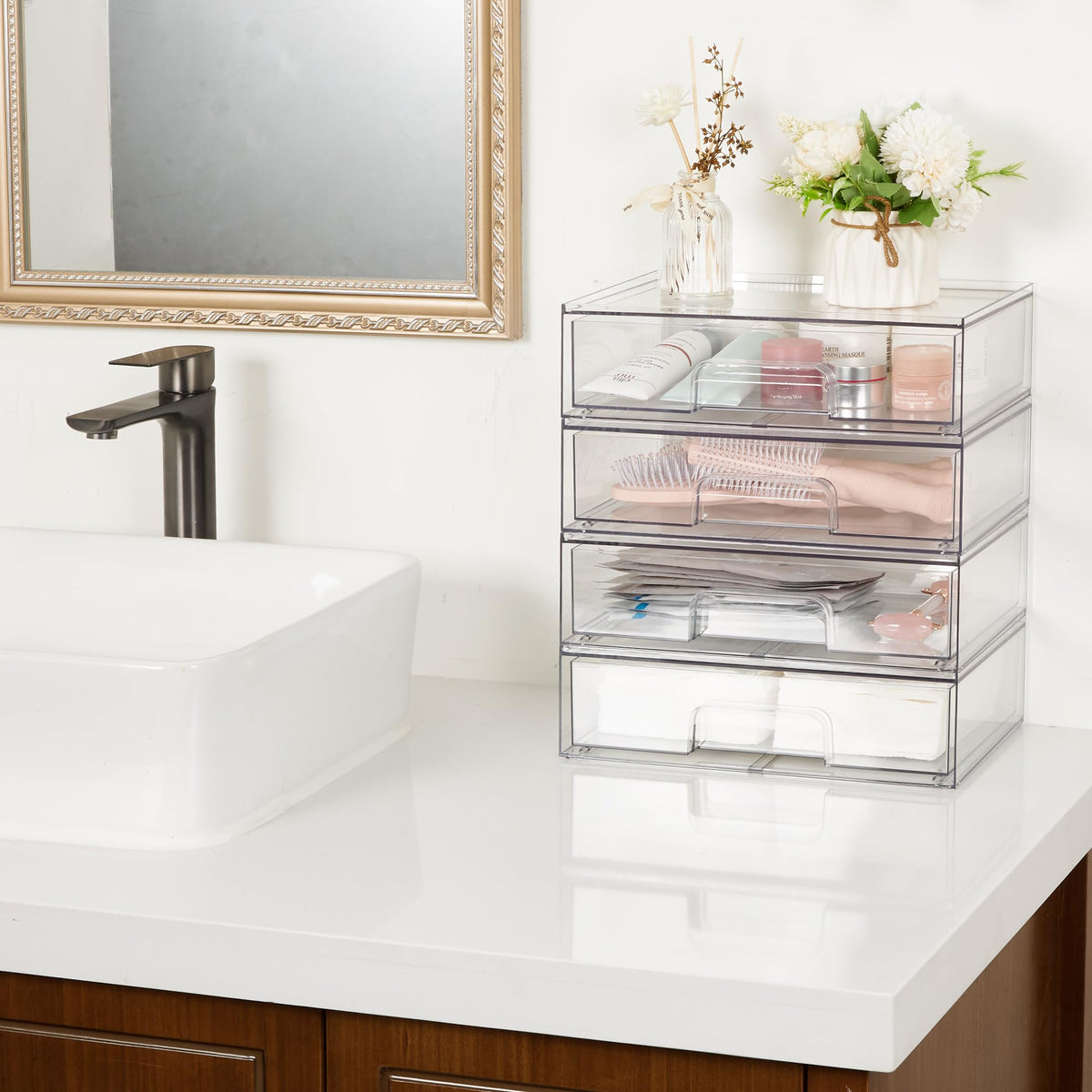 Vtopmart placed inside bathroom cabinet highlighting protected dust-free storage