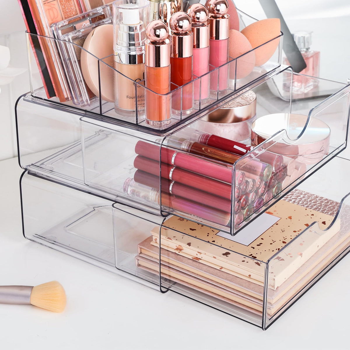 Vtopmart open drawer displaying neatly arranged palettes and foundations