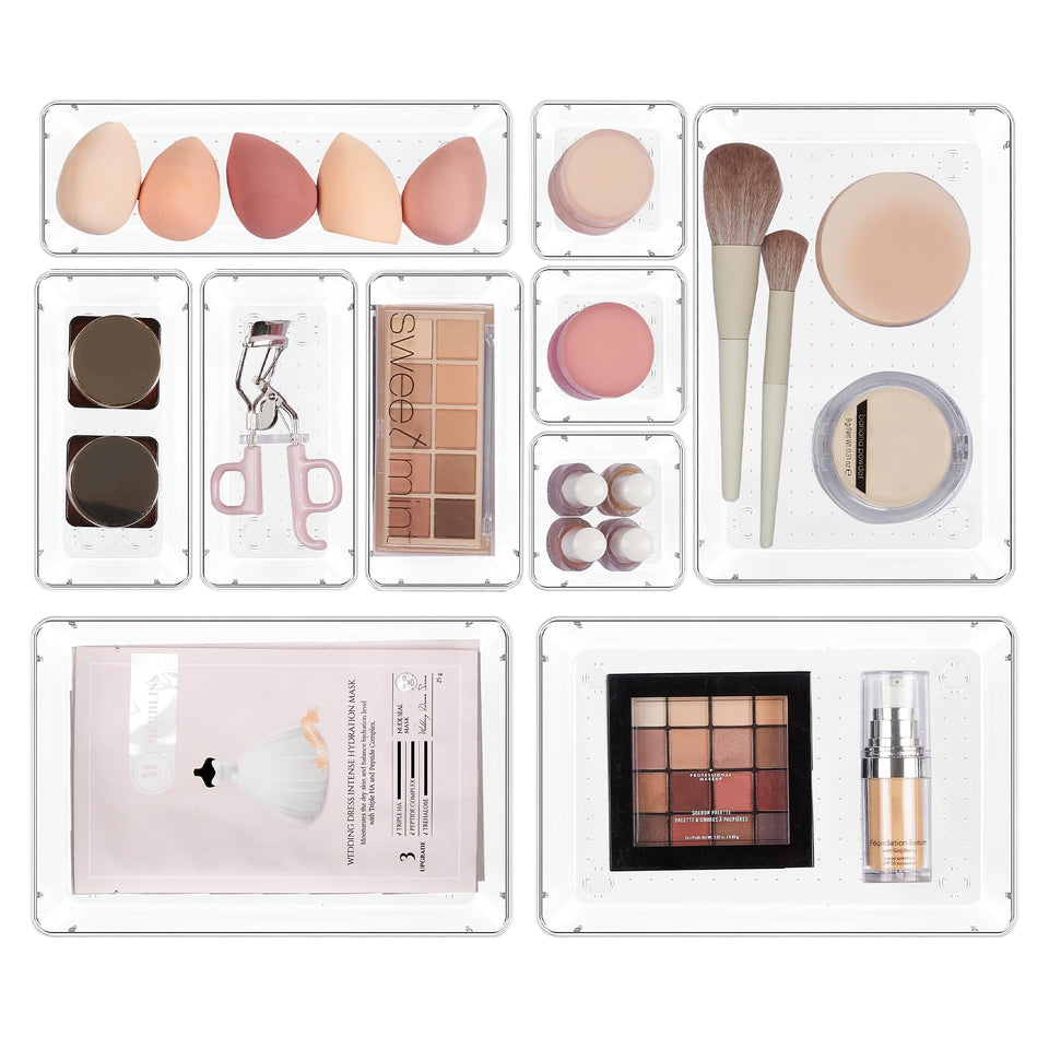 Vtopmart front packaging showing clear organizer set and components for tidy drawers