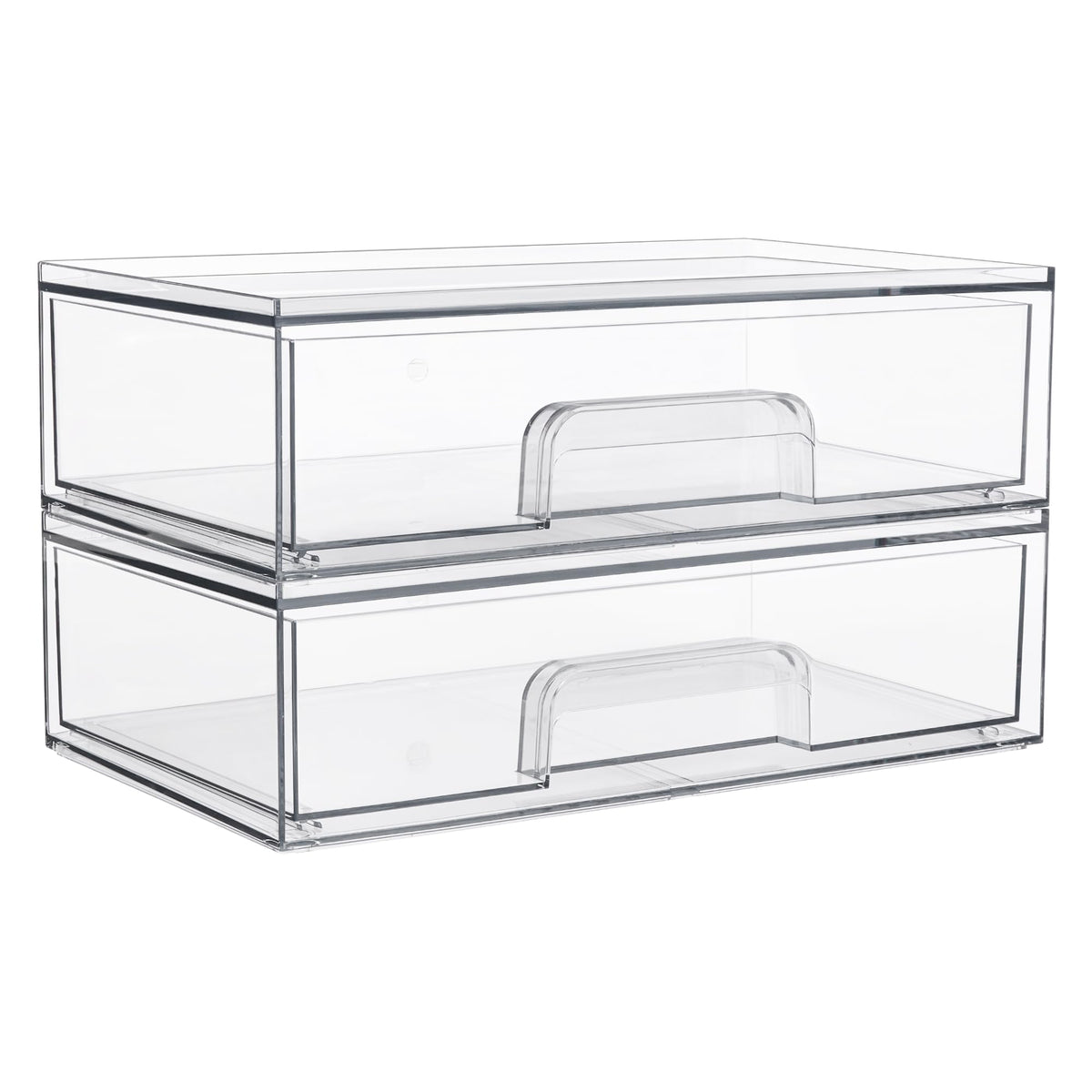 Vtopmart front view of two clear stackable drawers showing organized cosmetics and visibility benefit