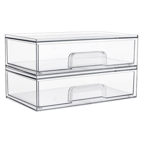 Vtopmart front view of two clear stackable drawers showing organized cosmetics and visibility benefit