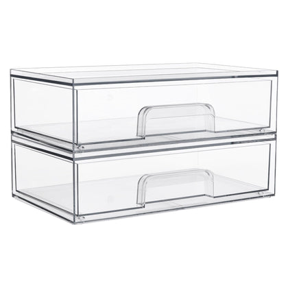 Vtopmart front view of two clear stackable drawers showing organized cosmetics and visibility benefit
