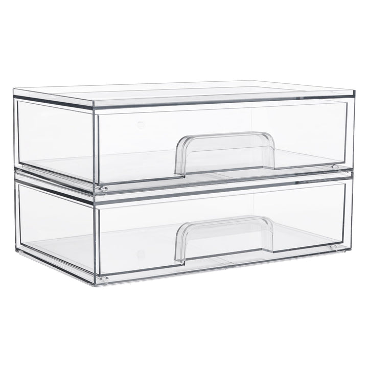 Vtopmart front view of two clear stackable drawers showing organized cosmetics and visibility benefit