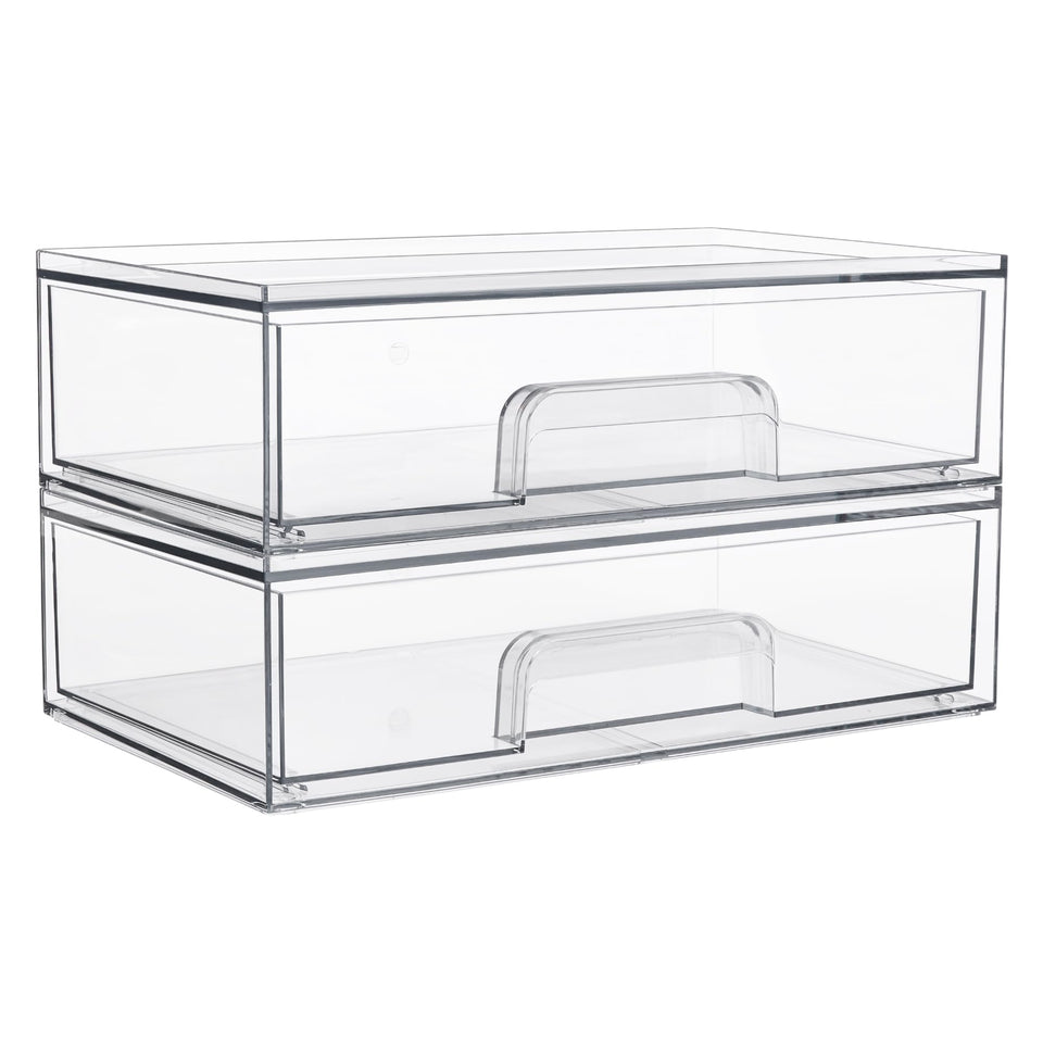Vtopmart front view of two clear stackable drawers showing organized cosmetics and visibility benefit