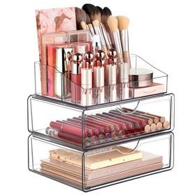 Vtopmart front view of clear makeup organizer showing tidy storage benefit