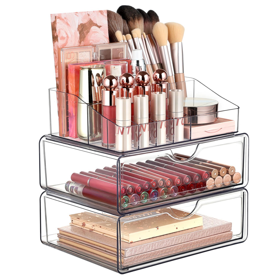 Vtopmart front view of clear makeup organizer showing tidy storage benefit