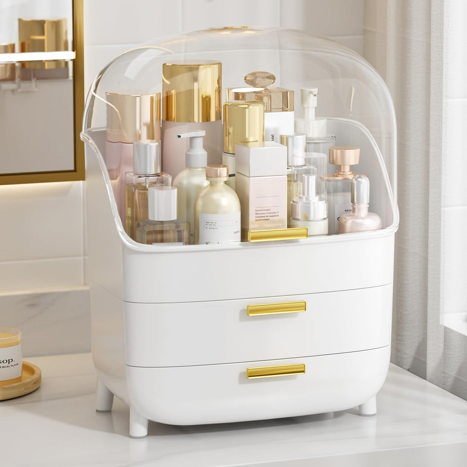 Vtopmart front view showing stacked tiers and dustproof lid, keeps cosmetics tidy