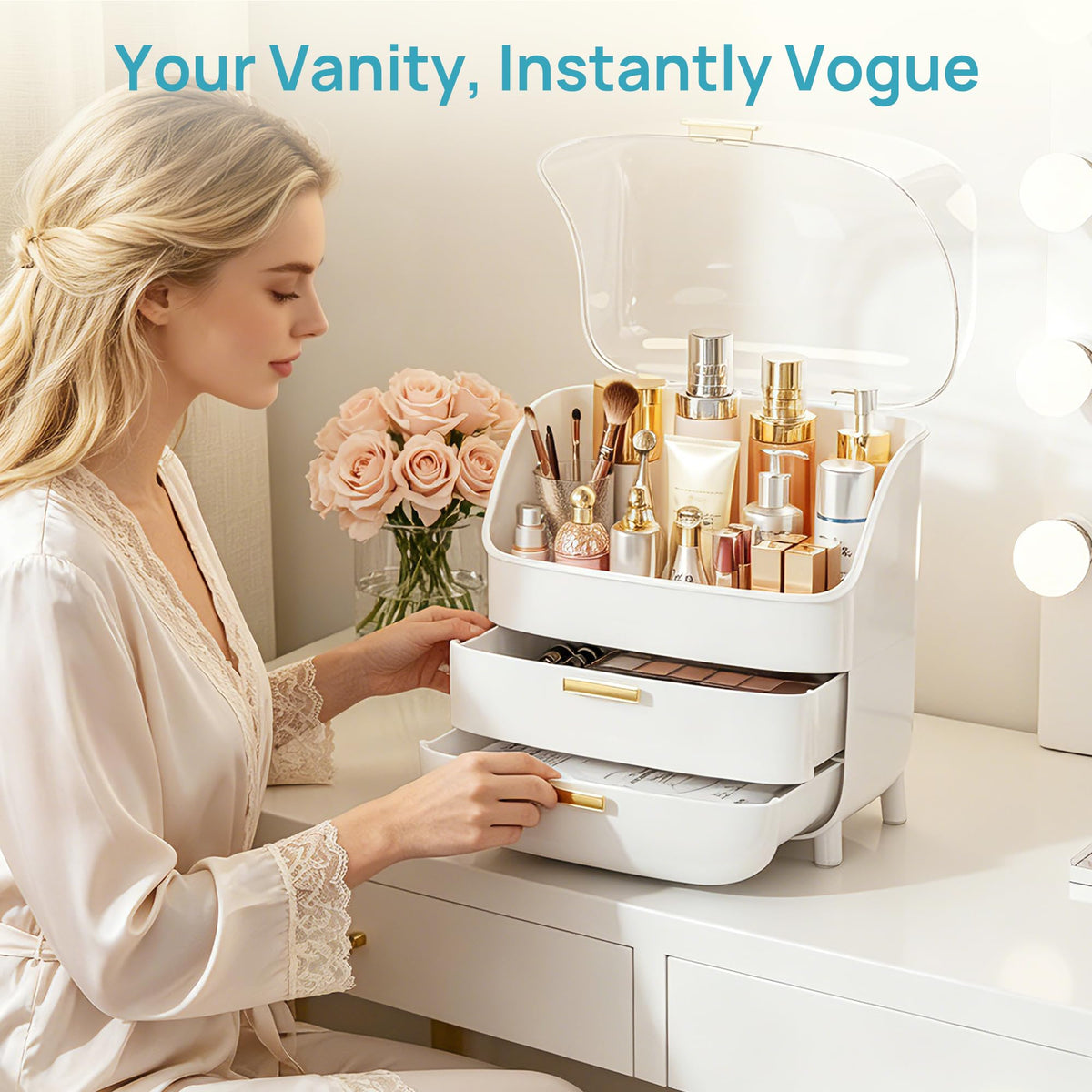 Vtopmart on vanity with skincare and brushes, creates organized morning routine