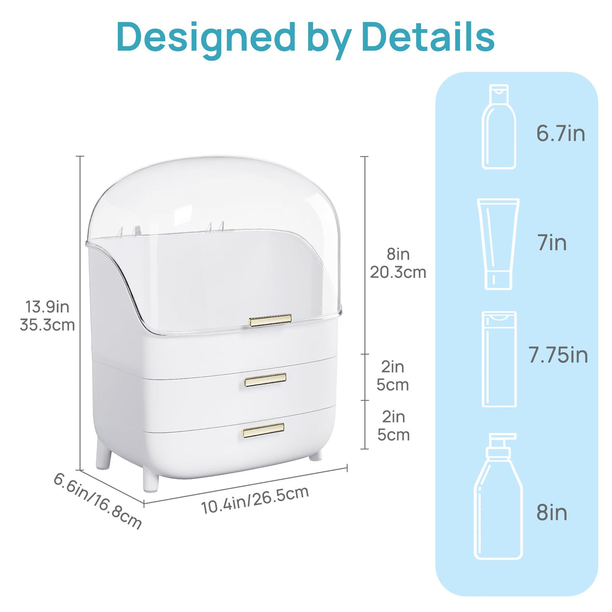Vtopmart clear dome lid open revealing tall skincare bottles neatly stored
