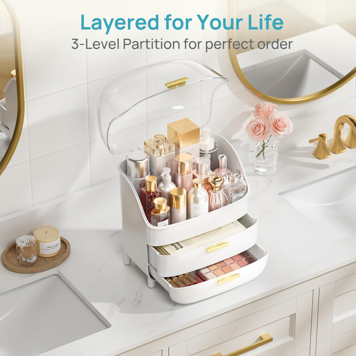 Vtopmart organizer beside 8-inch bottles to show scale and storage capacity