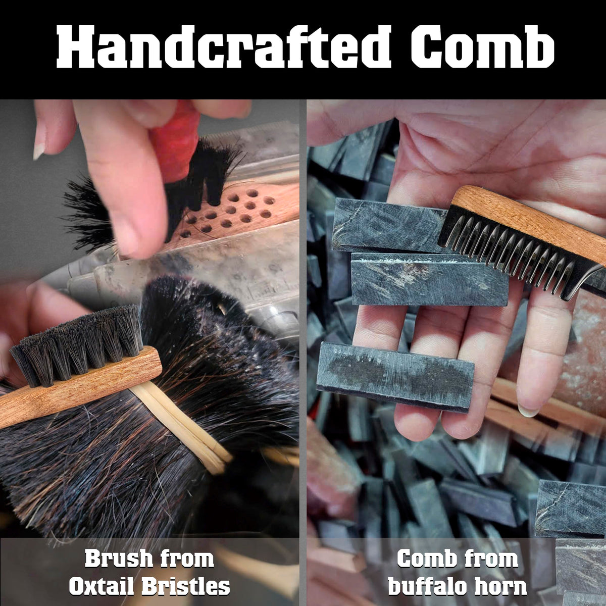 VTUNA close-up of buffalo horn teeth reducing static and detangling hair smoothly