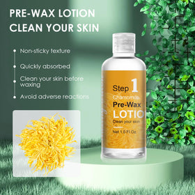 VUEYAA chamomile pre-wax lotion close-up showing texture and quick absorbency benefit