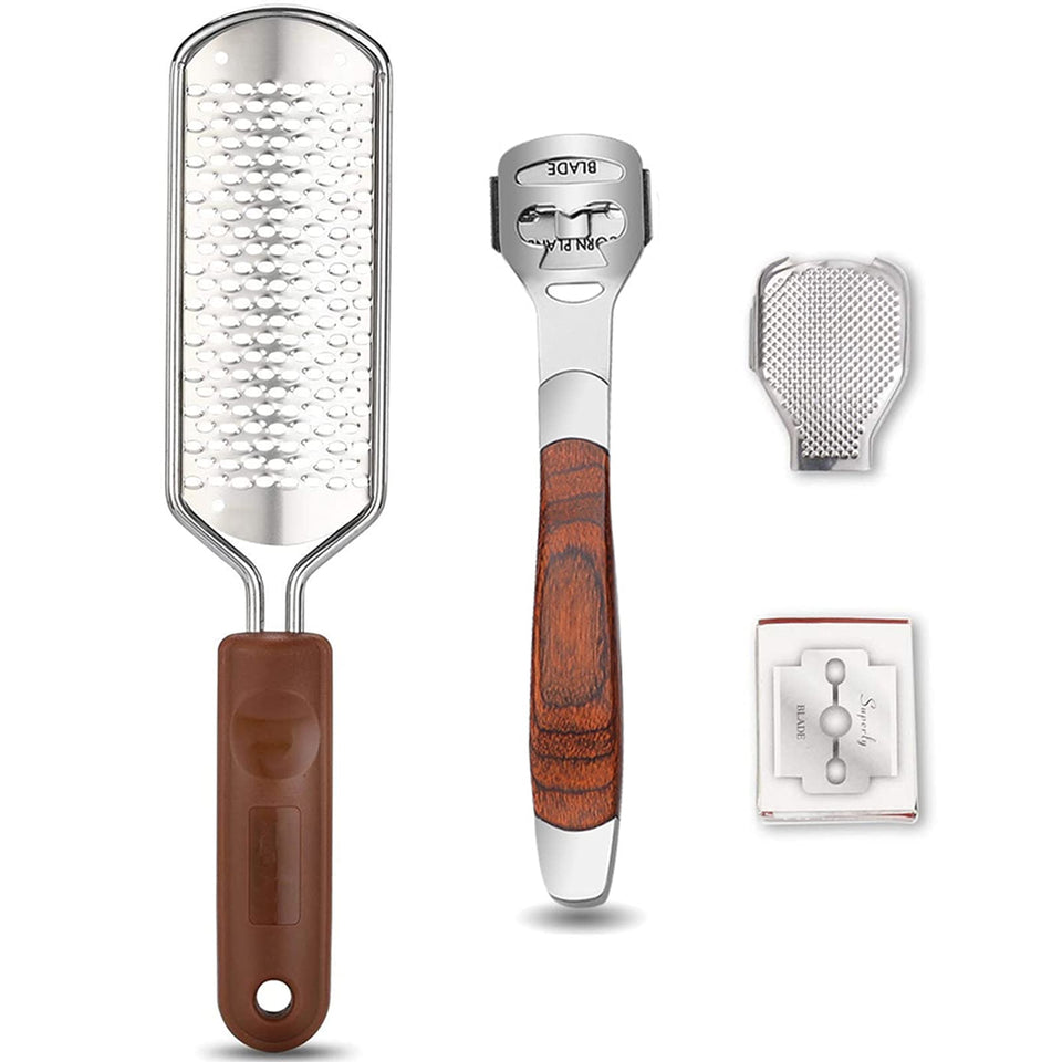 Vusoset front view of rasp and shaver kit showing complete set and benefits