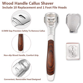 Vusoset wood-handle callus shaver detail offering precise comfortable grip