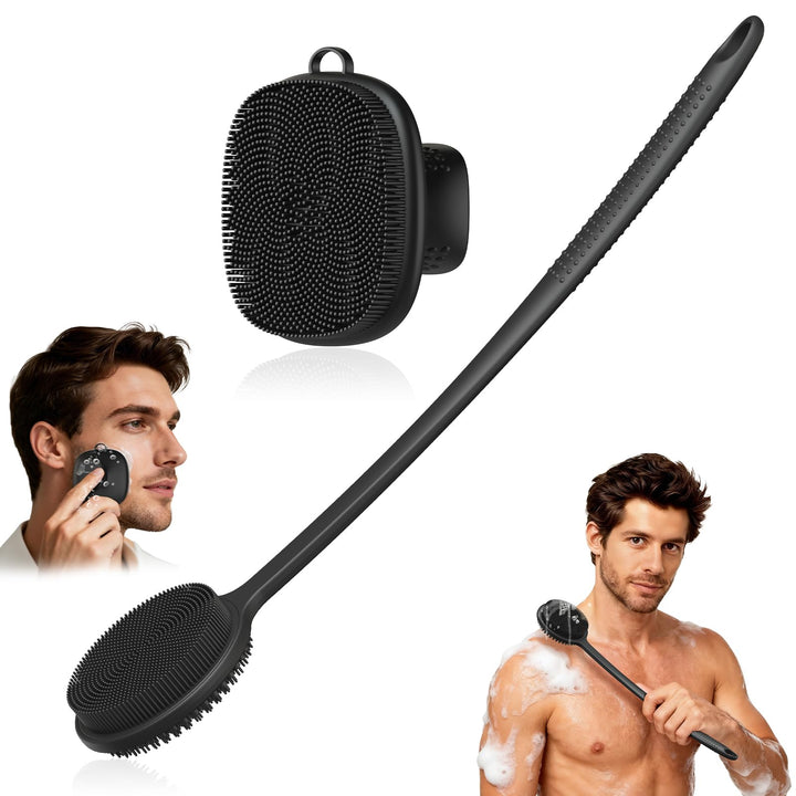 VWMYQ back scrubber front view showing full-length reach and even bristles for better cleaning