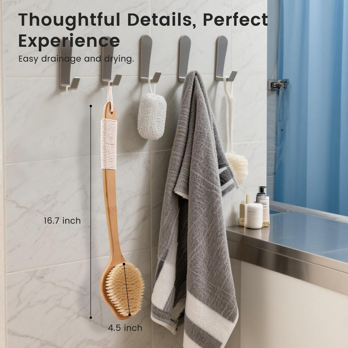 VWMYQ back scrubber in bathroom being used to reach upper back easily